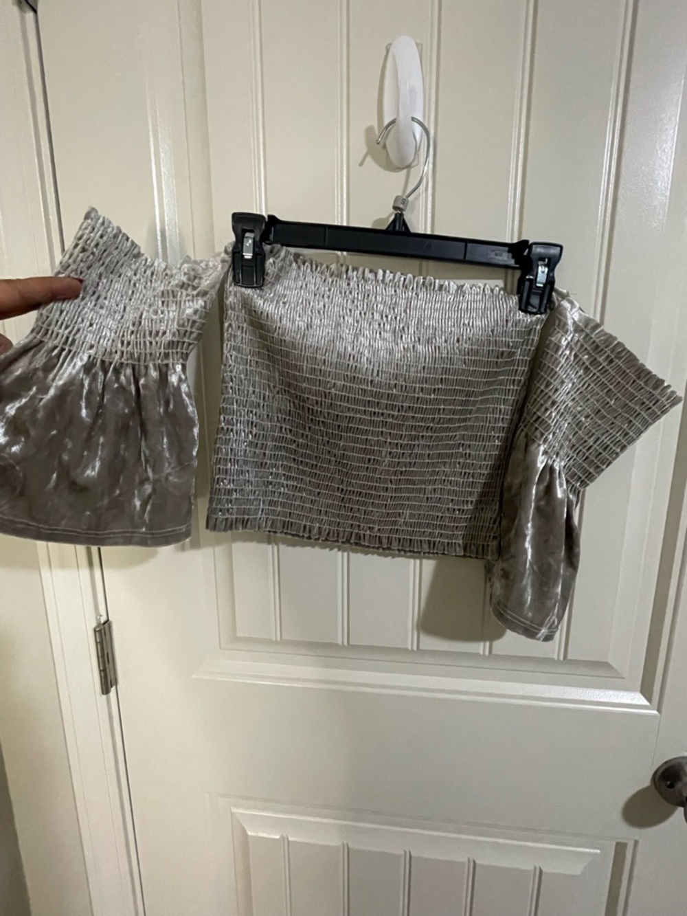 Tres Bien Off-Shoulder Smocked Crop Top in Light Gray - Picture 2 of 4